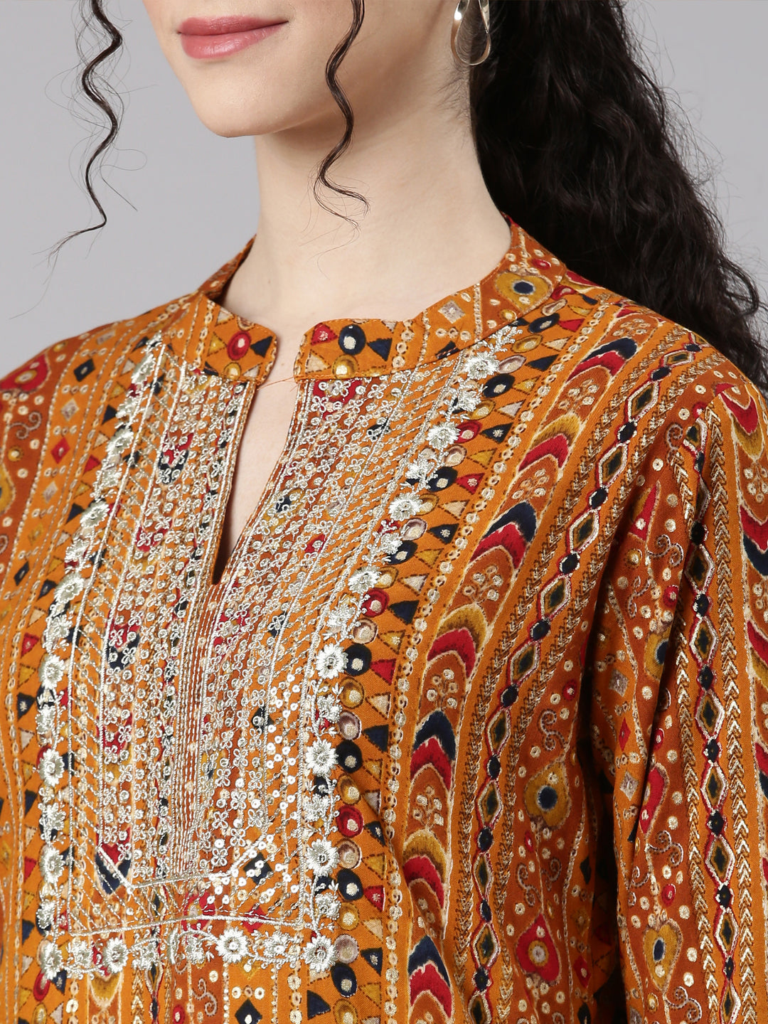 Neerus Yellow cotton embroidered straight kurta - detail view 2