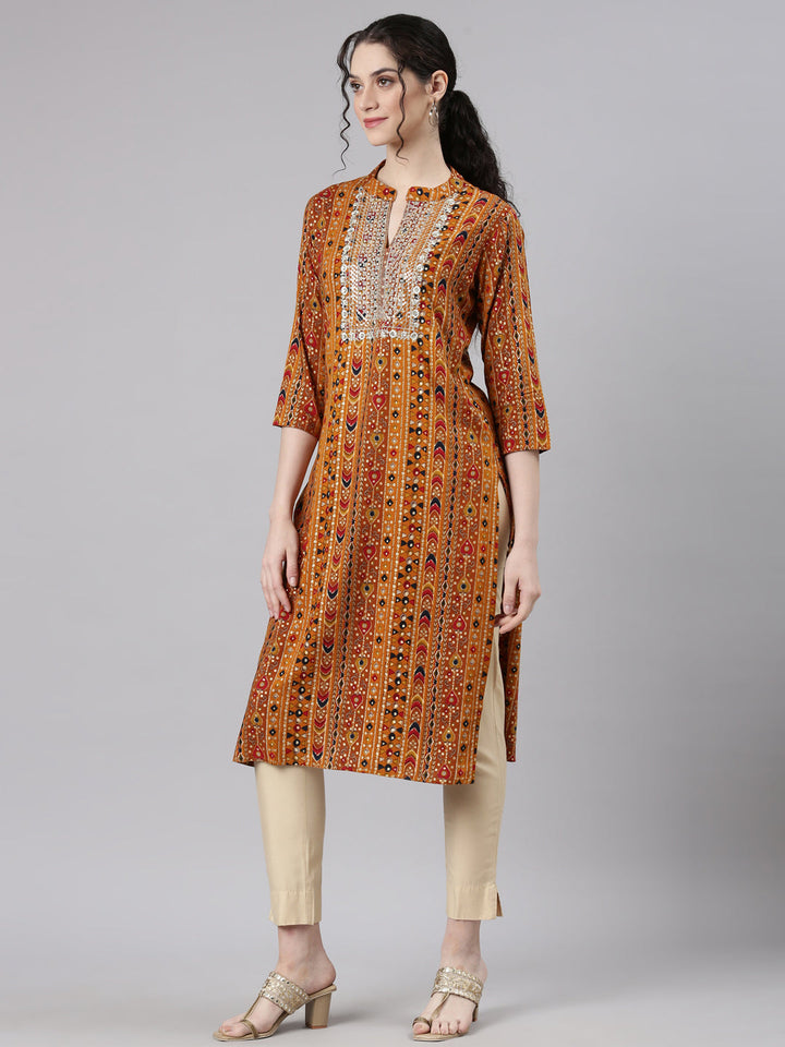 Neerus Yellow cotton embroidered straight kurta - back view