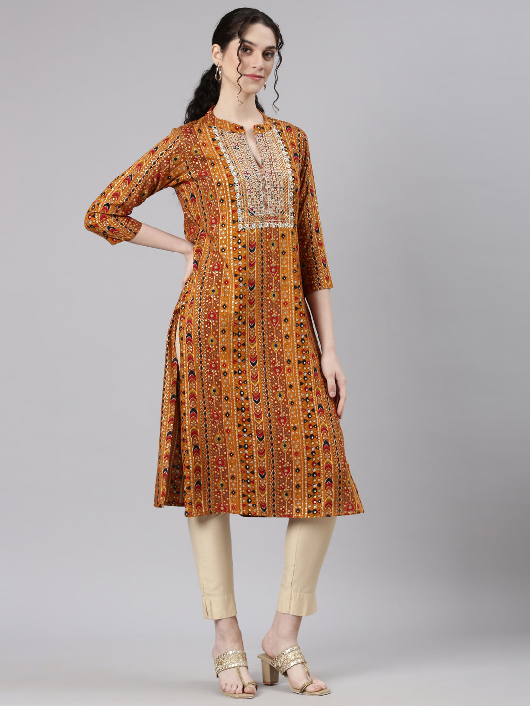 Neerus Yellow cotton embroidered straight kurta - side view