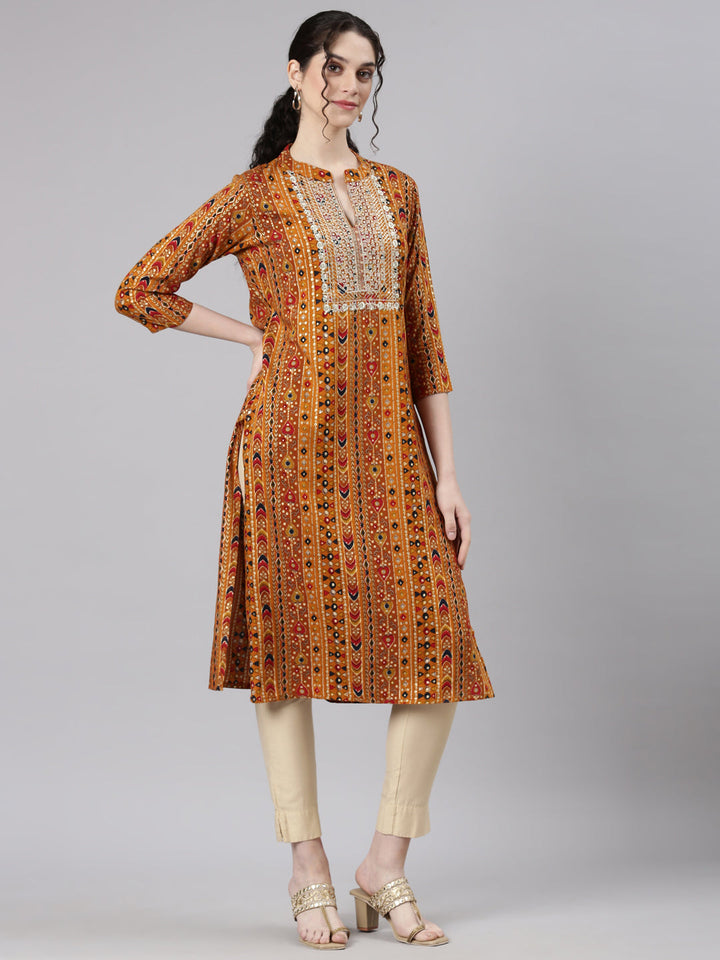 Neerus Yellow cotton embroidered straight kurta - side view