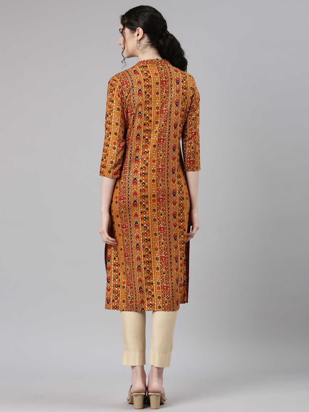 Neerus Yellow cotton embroidered straight kurta - detail view 1