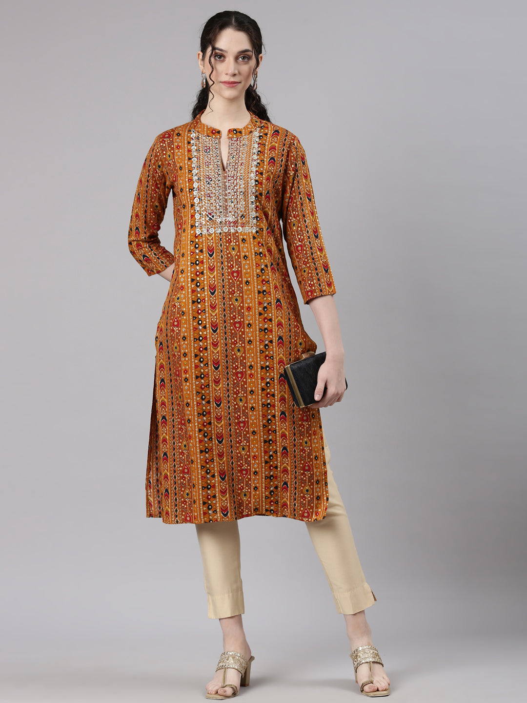Neerus Yellow cotton embroidered straight kurta - detail view 3