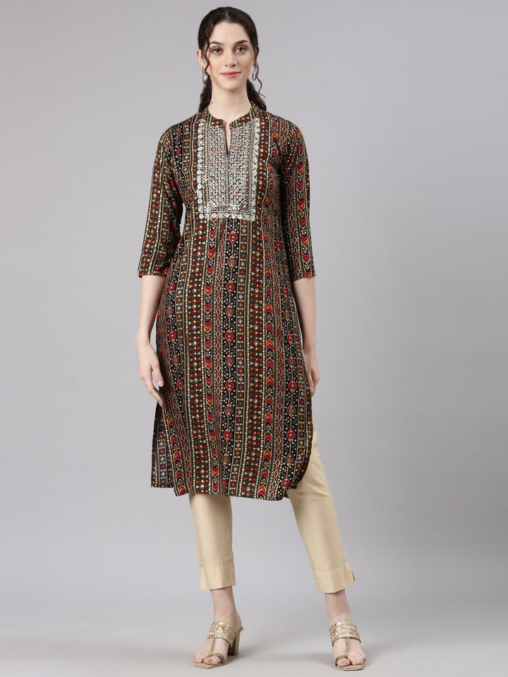 Neerus Green rayon printed straight kurti - front view