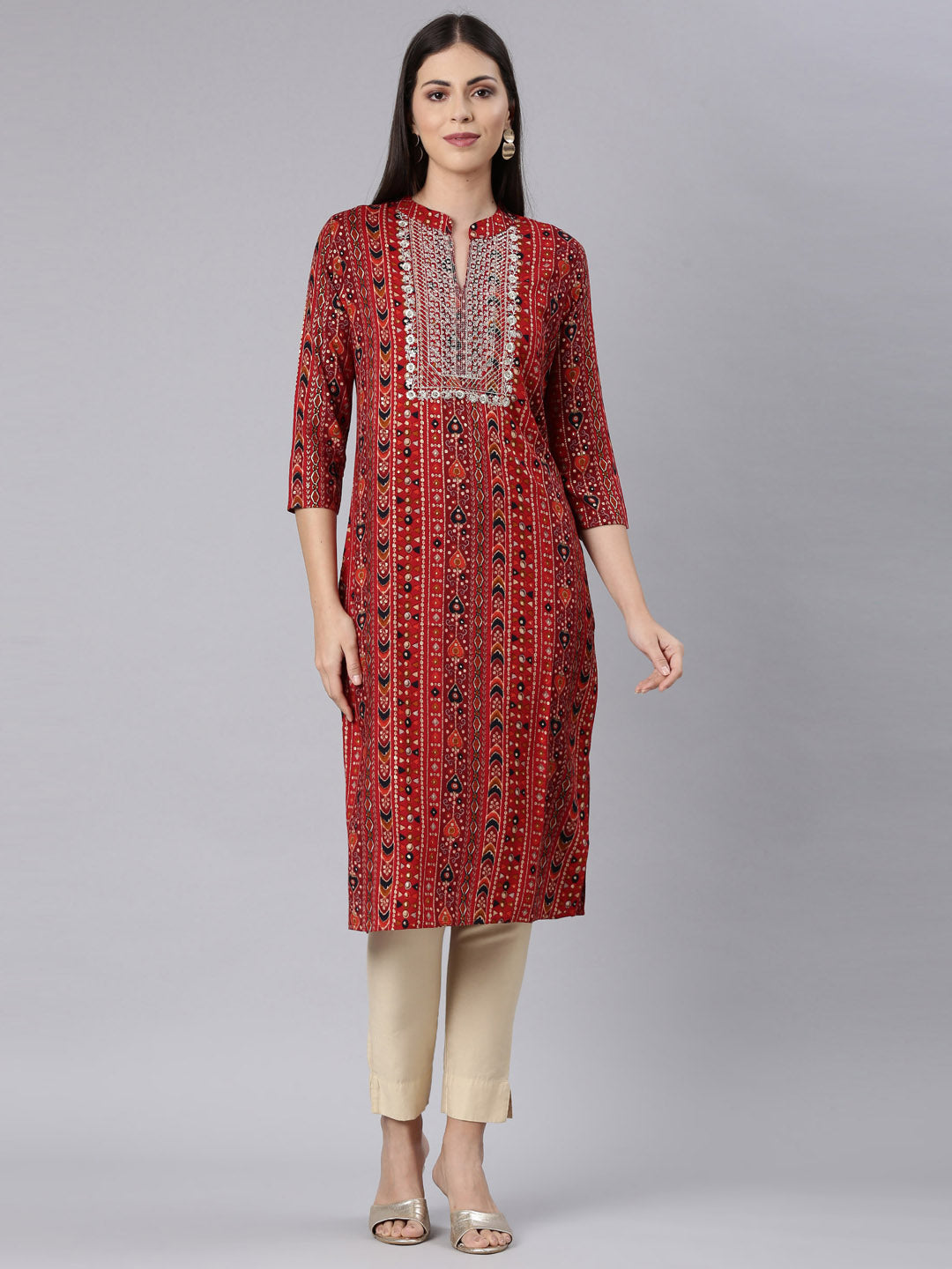 Neerus Red Rayon Embellished Straight Kurta - front view