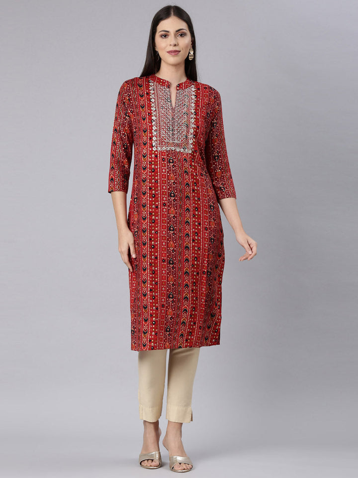 Neerus Red Rayon Embellished Straight Kurta - front view