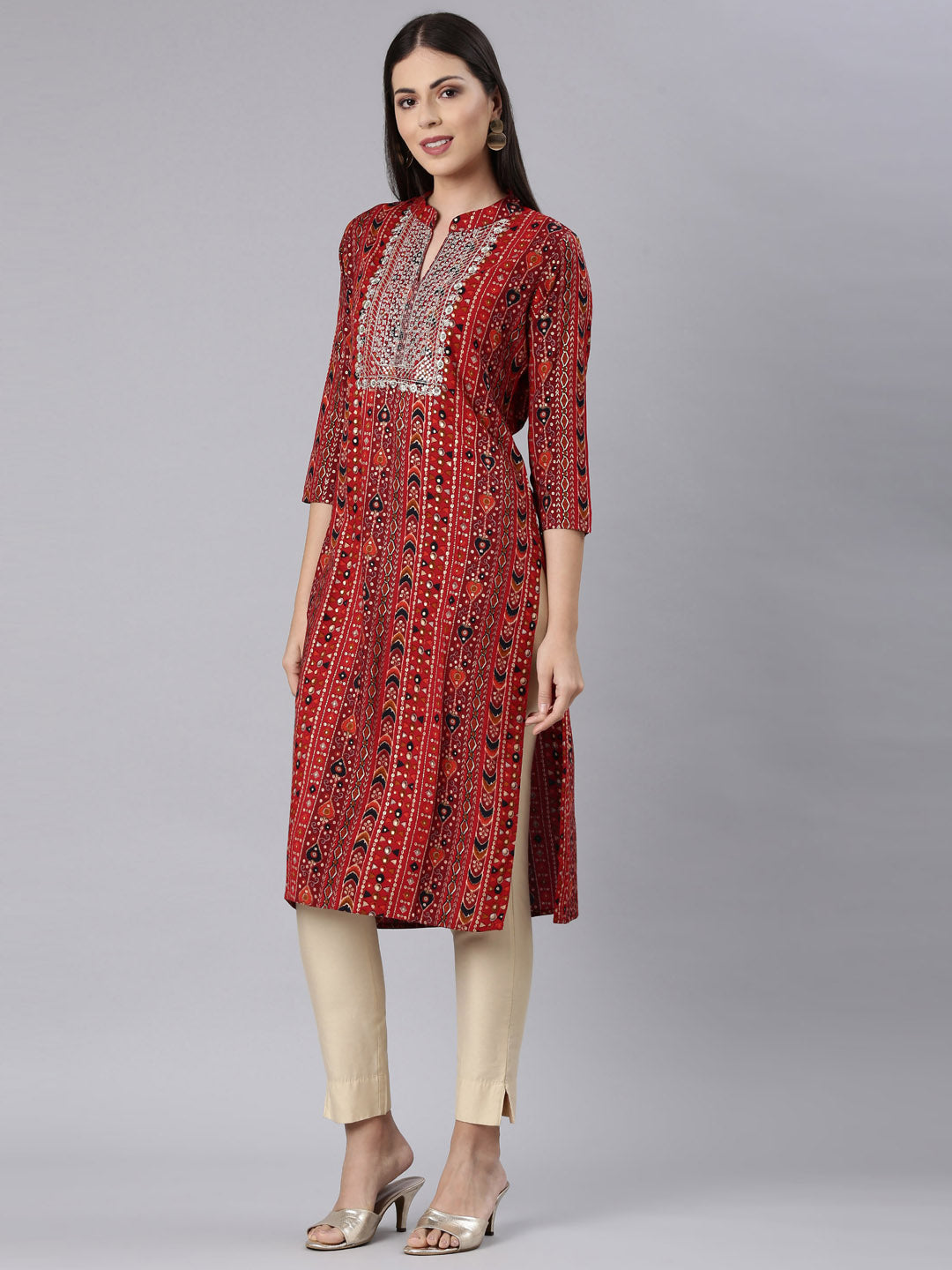Neerus Red Rayon Embellished Straight Kurta - back view