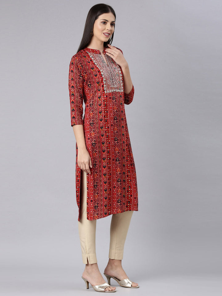Neerus Red Rayon Embellished Straight Kurta - side view