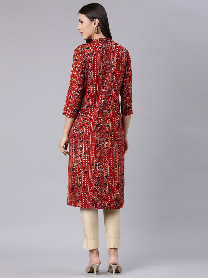 Neerus Red Rayon Embellished Straight Kurta - detail view 1