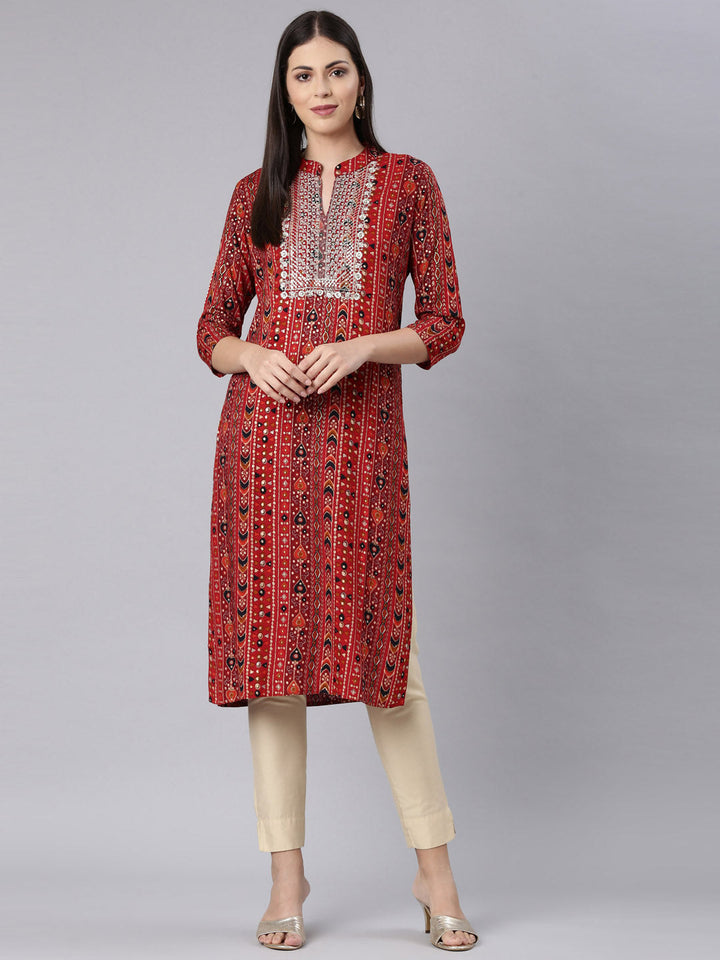 Neerus Red Rayon Embellished Straight Kurta - detail view 3