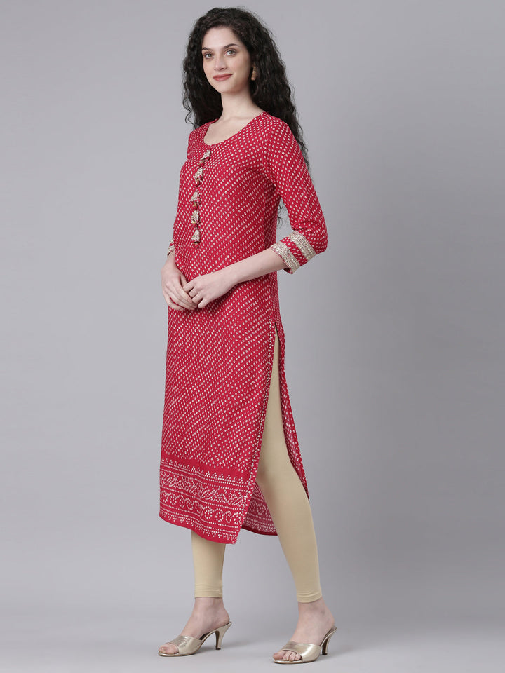 Neerus Pink Casual Bandhani Straight Kurtas