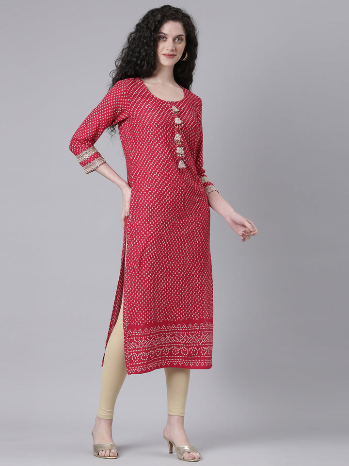 Neerus Pink Casual Bandhani Straight Kurtas