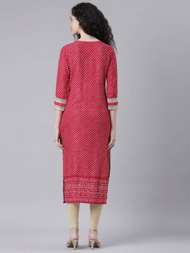 Neerus Pink Casual Bandhani Straight Kurtas
