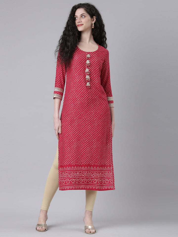 Neerus Pink Casual Bandhani Straight Kurtas