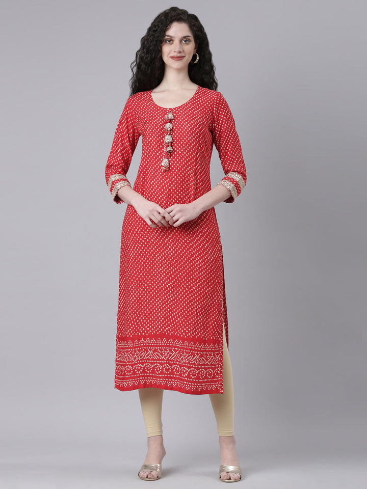 Neerus Red Casual Bandhani Straight Kurtas