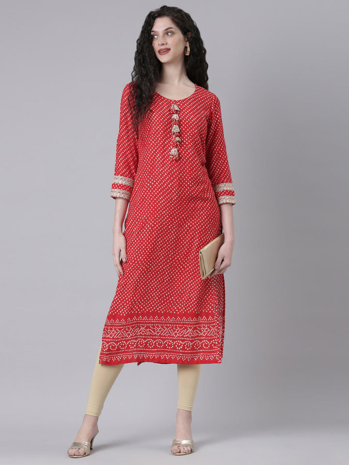 Neerus Red Casual Bandhani Straight Kurtas