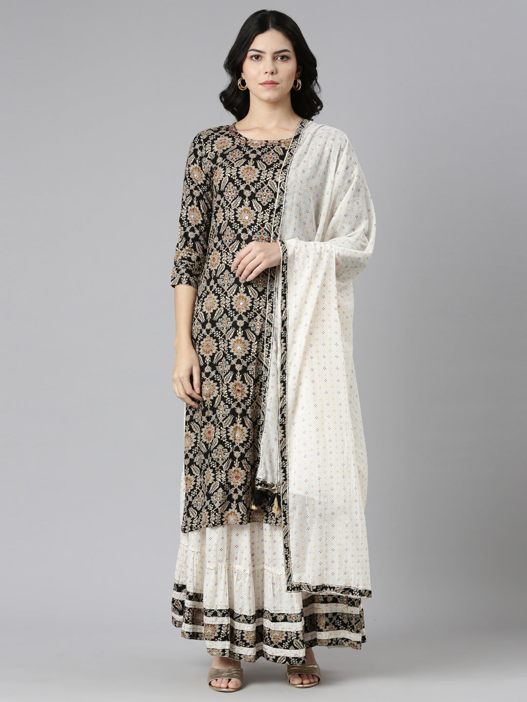 Neerus Black printed straight kurta set with skirt and dupatta - front view