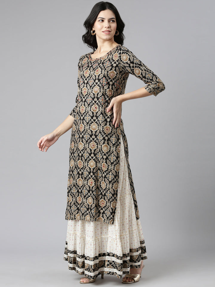 Neerus Black printed straight kurta set with skirt and dupatta - back view