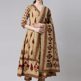 Neerus Women Beige Anarkali Kurta and Trousers With Dupatta