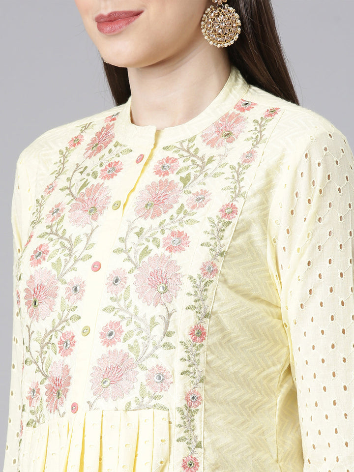 Neerus Yellow Solid Straight Kurta and Trousers With Dupatta