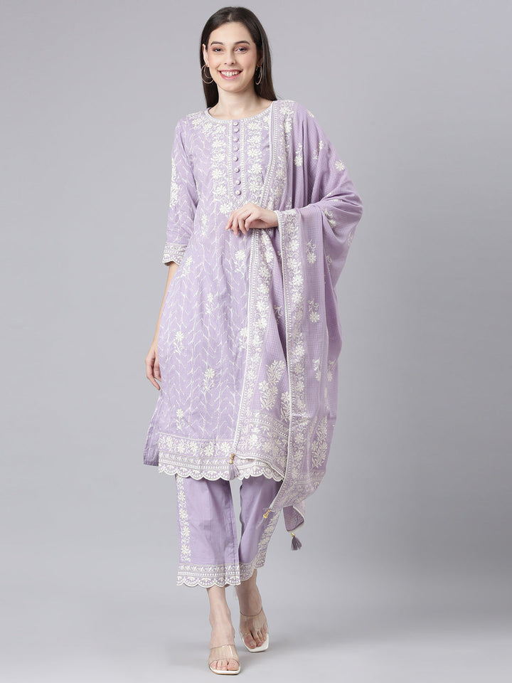 Neerus Lavender Embroidered Straight Kurta and Trousers With Dupatta