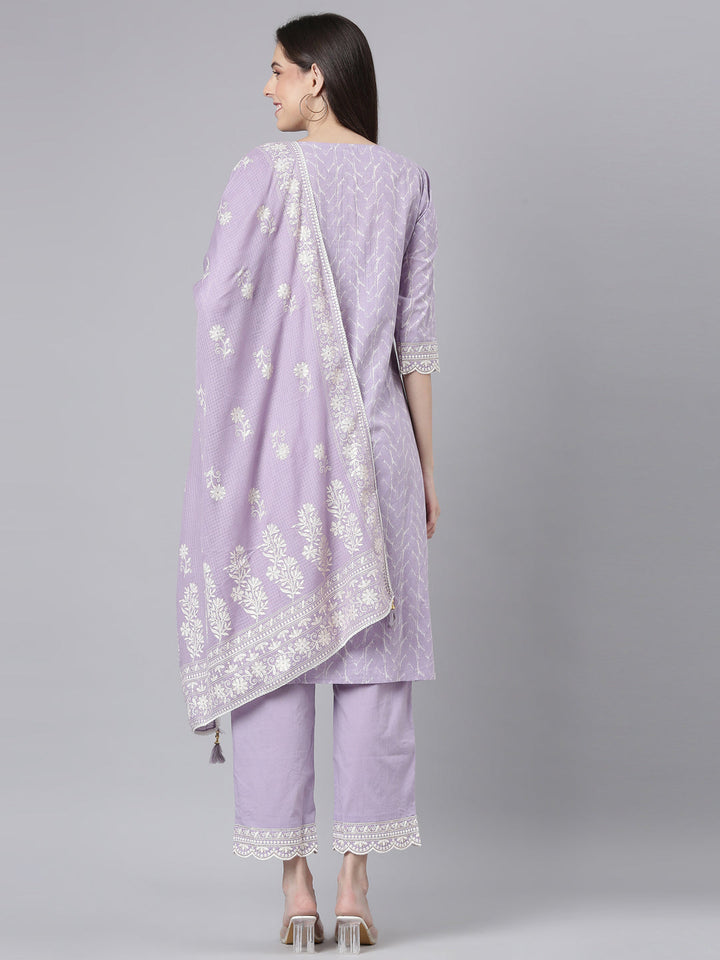 Neerus Lavender Embroidered Straight Kurta and Trousers With Dupatta