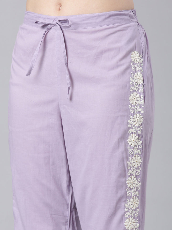 Neerus Lavender Embroidered Straight Kurta and Trousers With Dupatta