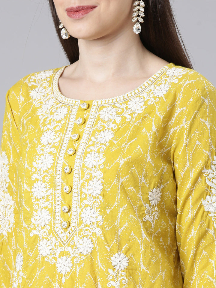 Neerus Mustard Embroidered Straight Kurta and Trousers With Dupatta