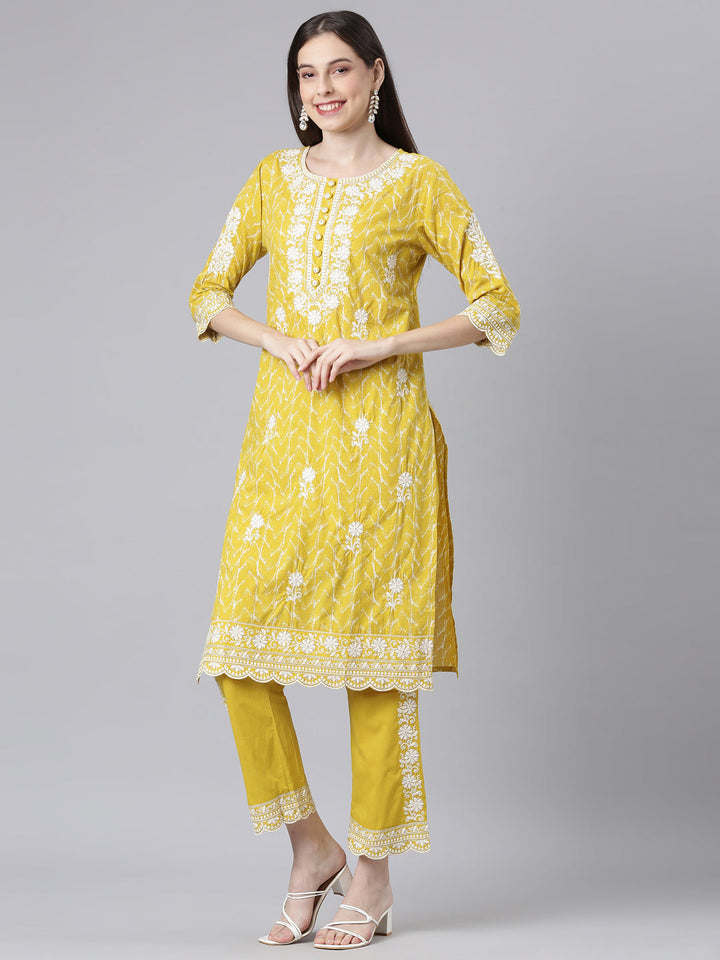 Neerus Mustard Embroidered Straight Kurta and Trousers With Dupatta