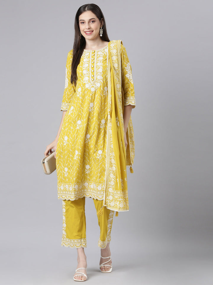 Neerus Mustard Embroidered Straight Kurta and Trousers With Dupatta