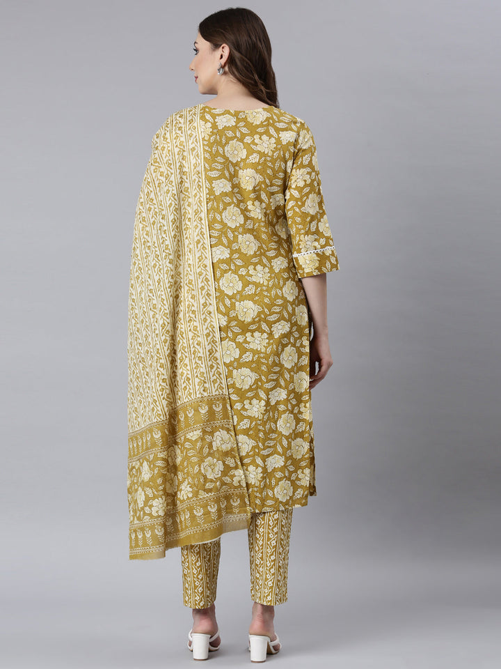 Neerus Mehadi Green Panelled Straight Floral Kurta And Trousers With Dupatta