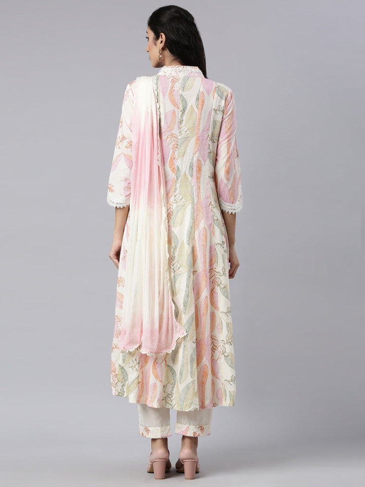 Neerus Beige panelled straight suit set kurta trouser dupatta - side view