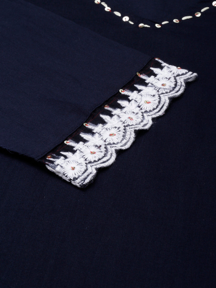 Neerus Blue solid straight suit set kurta trouser dupatta - detail view 1