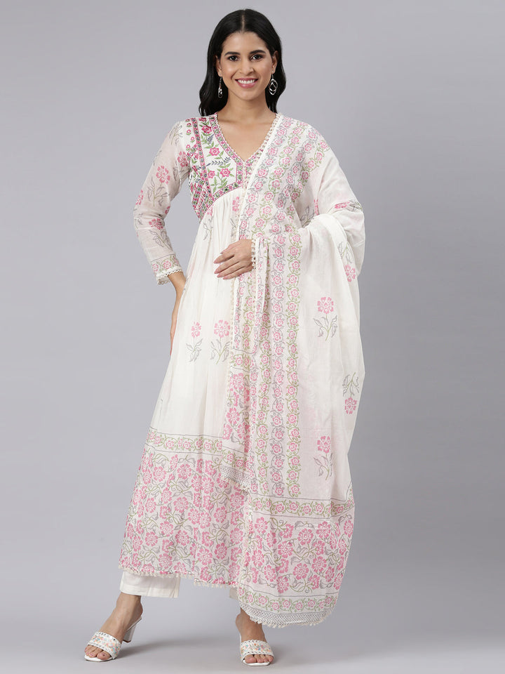 Neerus Beige printed straight kurta palazzo suit set - front view
