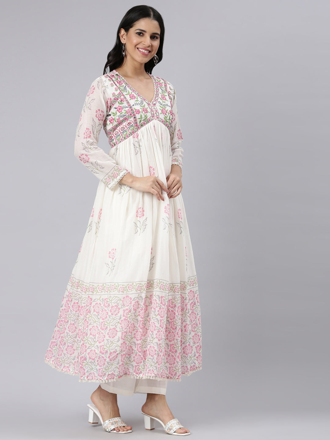 Neerus Beige printed straight kurta palazzo suit set - back view