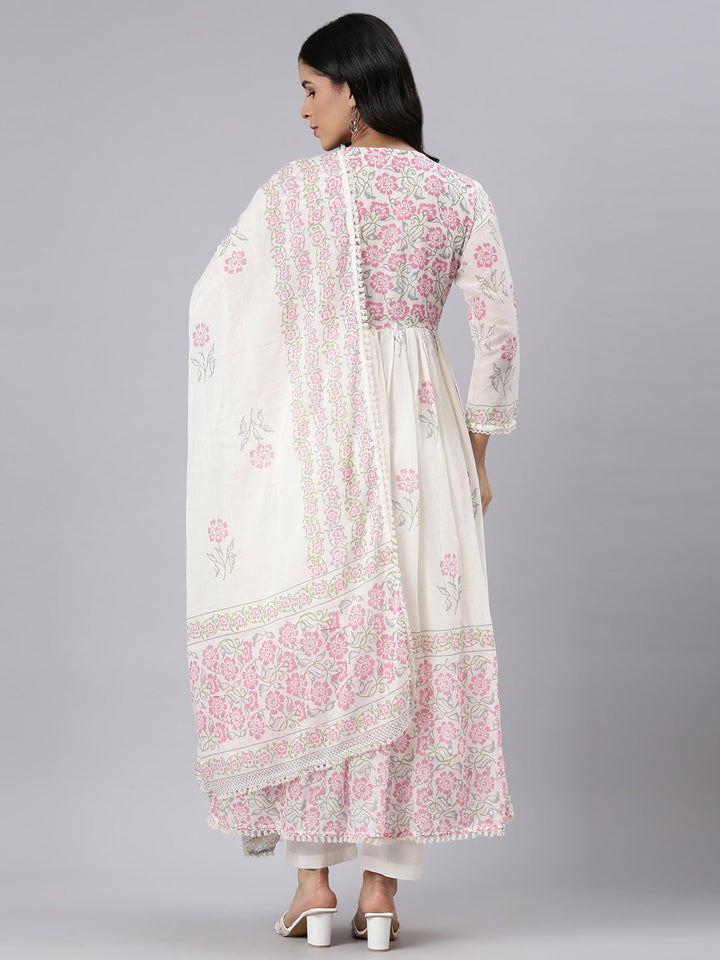 Neerus Beige printed straight kurta palazzo suit set - side view