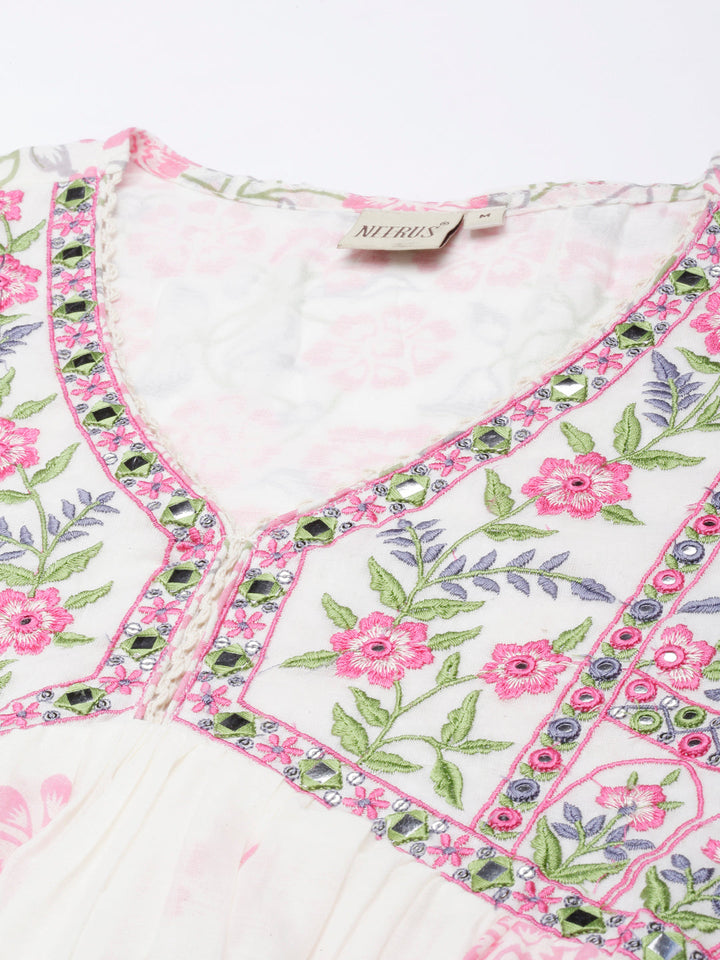 Neerus Beige printed straight kurta palazzo suit set - detail view 1