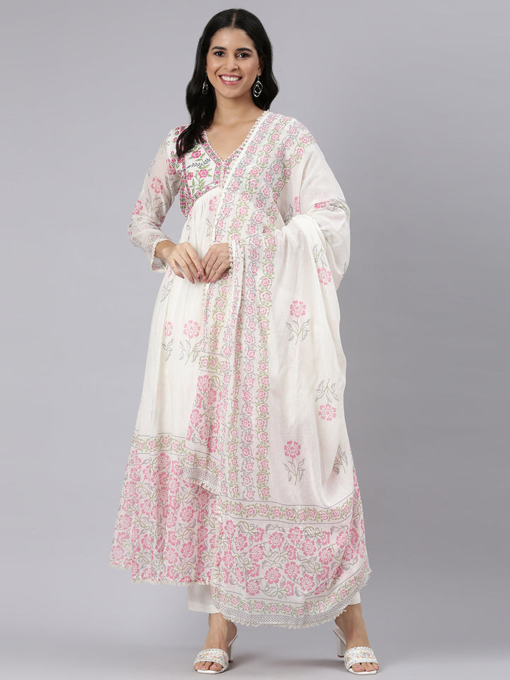 Neerus Beige printed straight kurta palazzo suit set - detail view 2