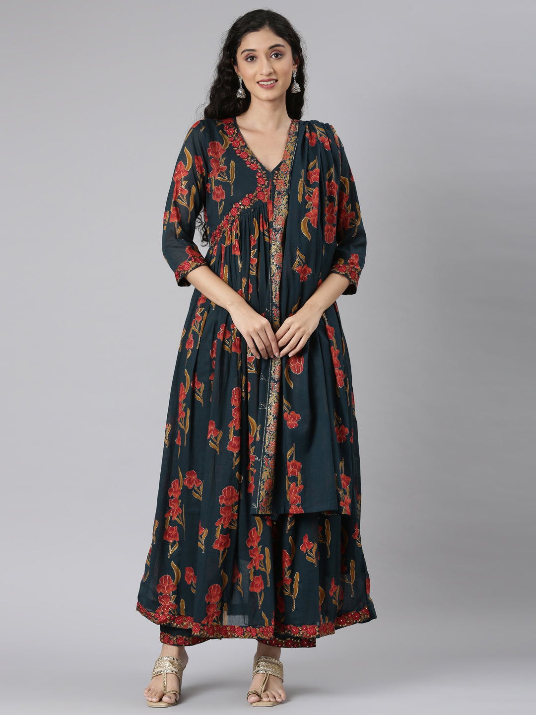 Neerus Green muslin printed kurta suit set - front view