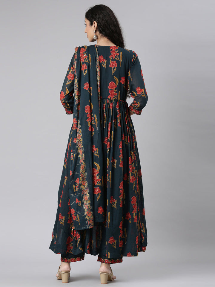 Neerus Green muslin printed kurta suit set - detail view 1