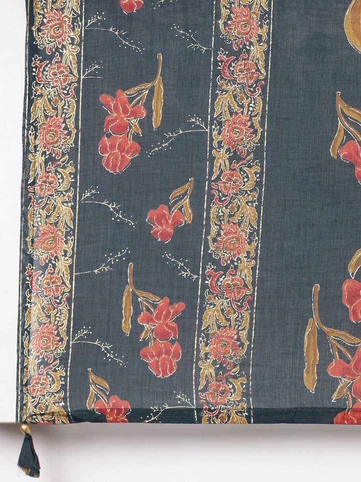 Neerus Green muslin printed kurta suit set - detail view 5