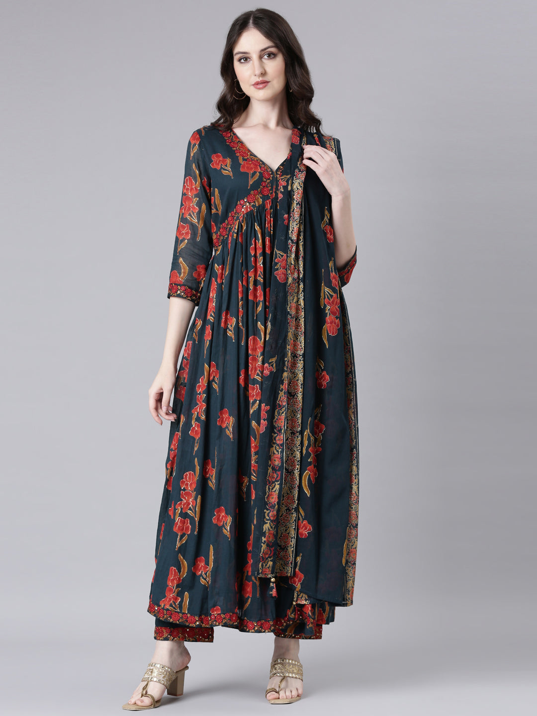 Neerus Green cotton printed anarkali suit set - front view