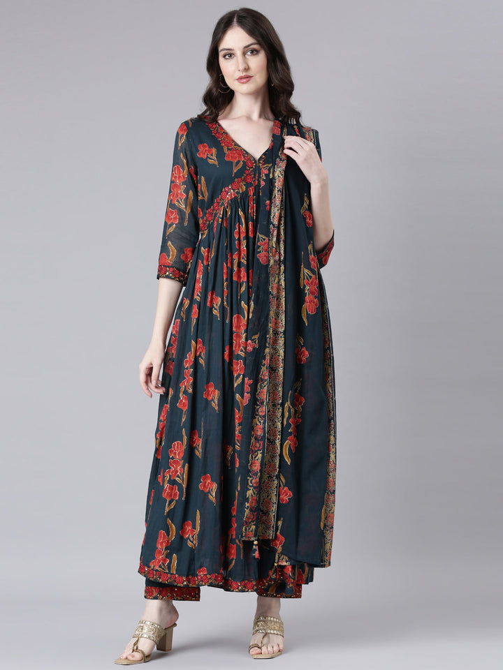 Neerus Green cotton printed anarkali suit set - front view