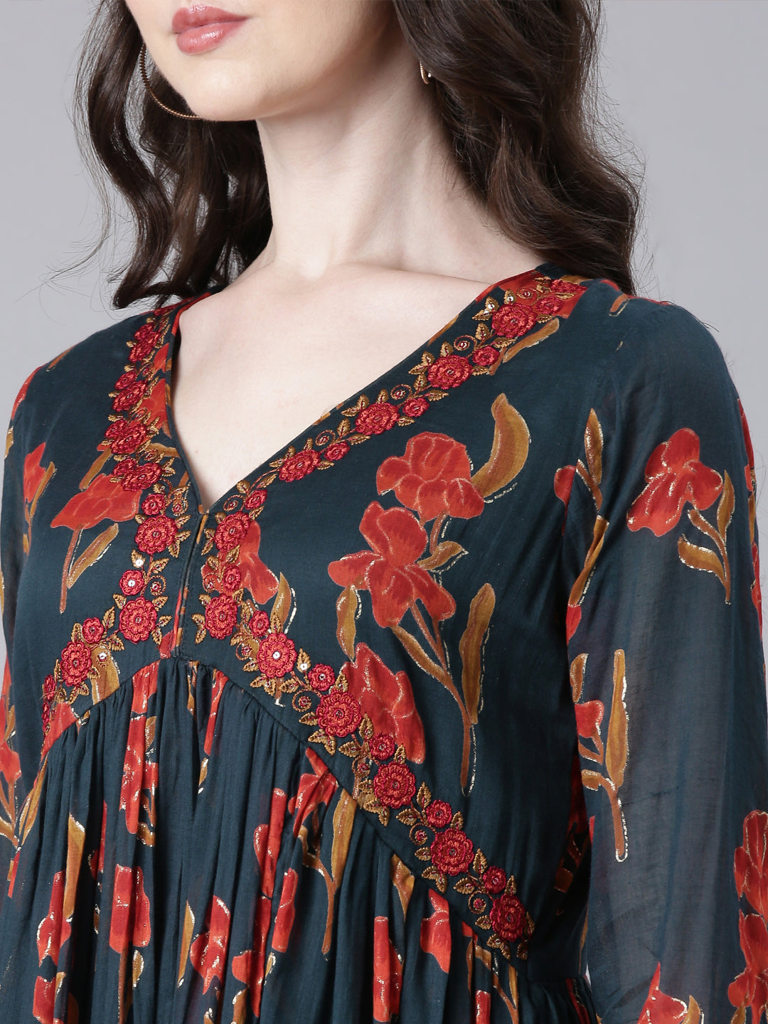 Neerus Green cotton printed anarkali suit set - detail view 1