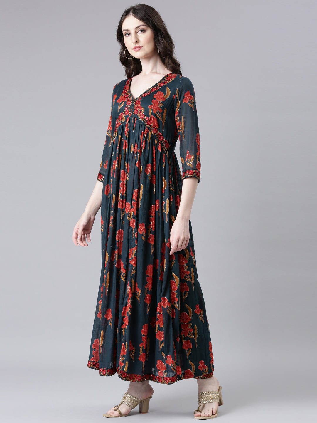 Neerus Green cotton printed anarkali suit set - back view