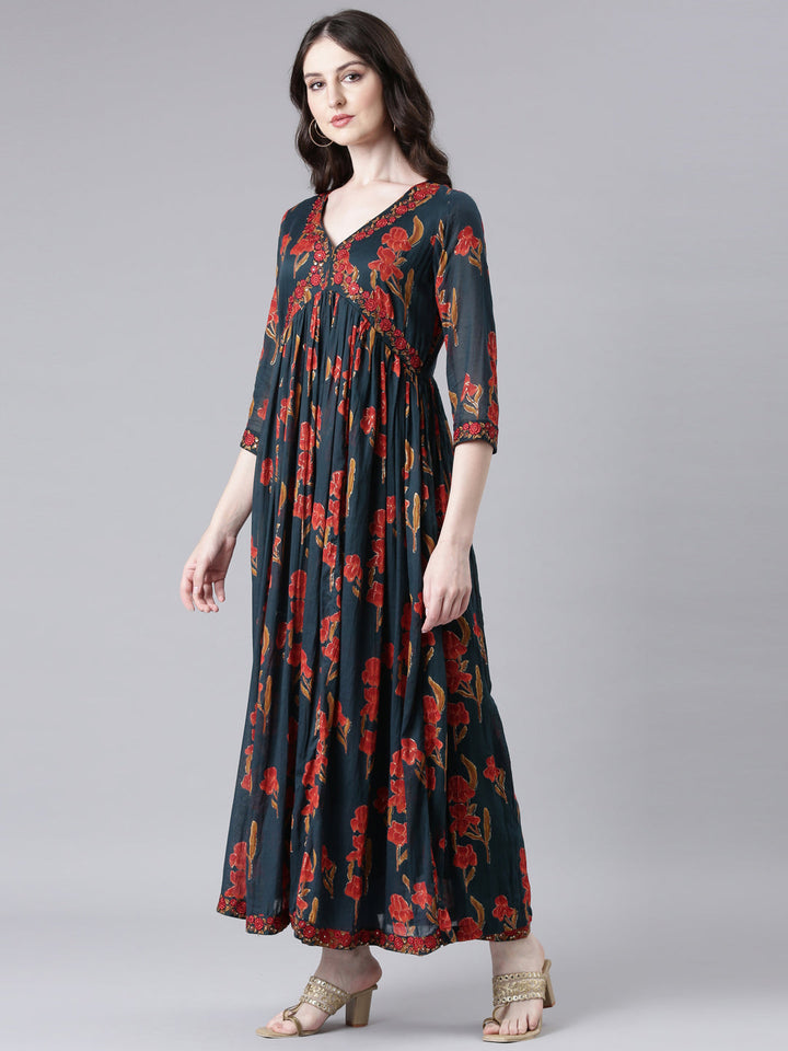 Neerus Green cotton printed anarkali suit set - back view