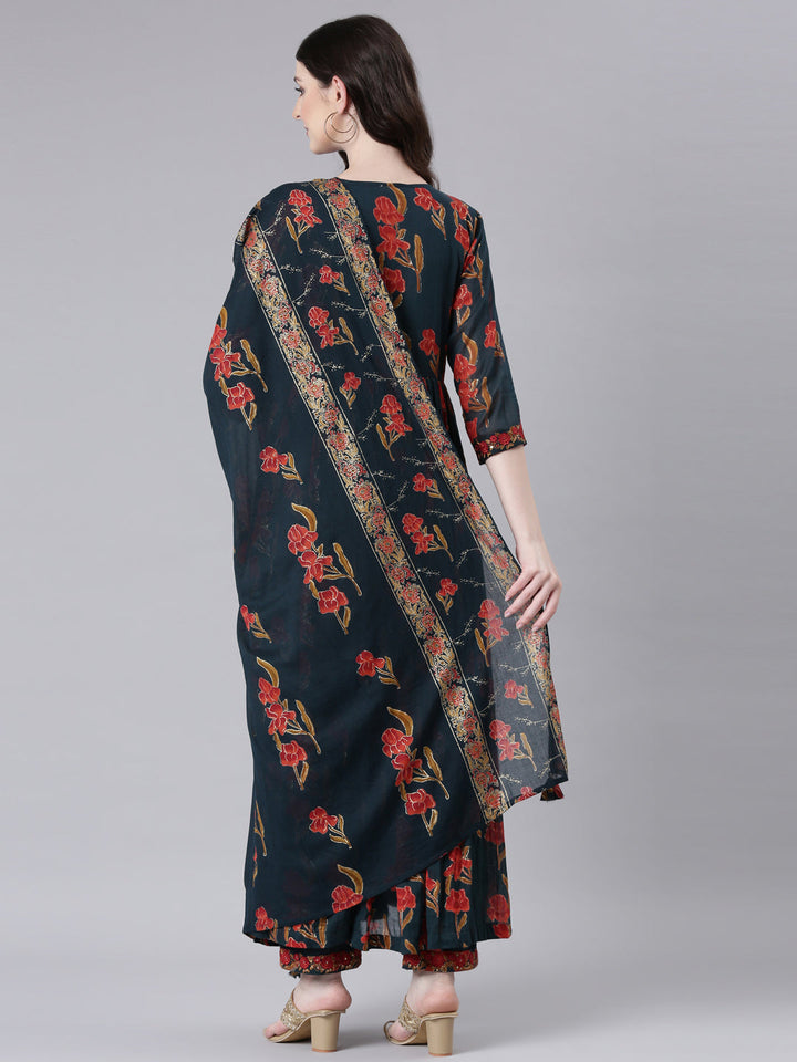 Neerus Green cotton printed anarkali suit set - side view