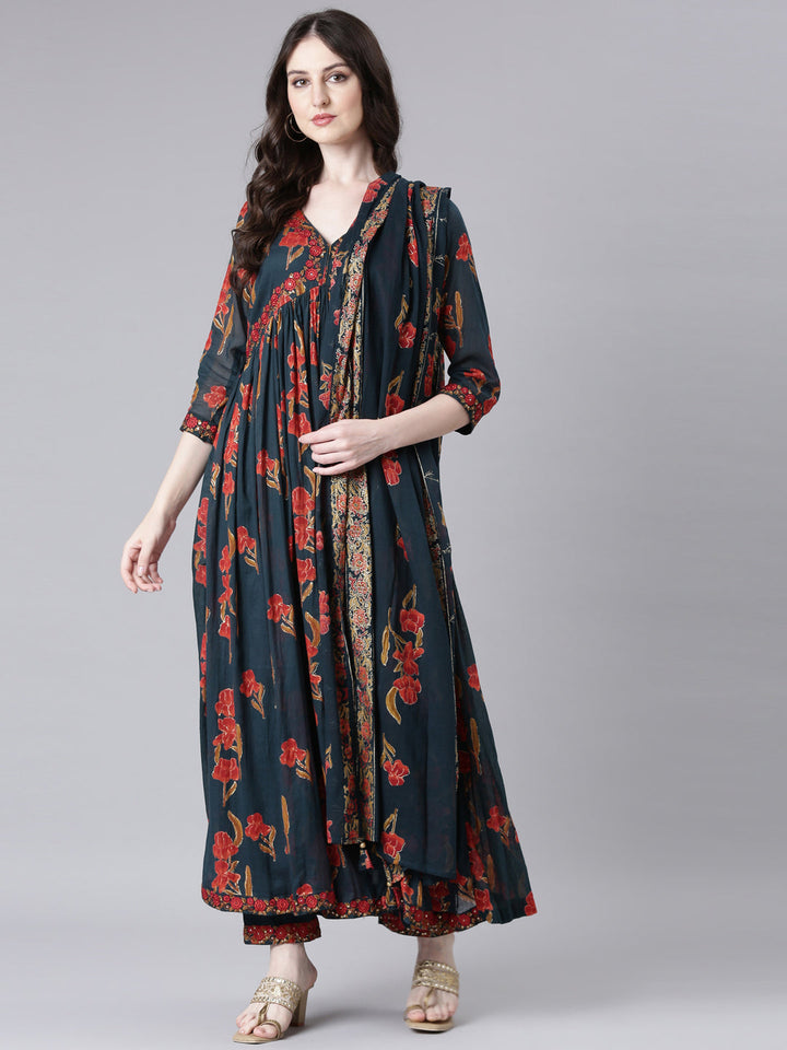 Neerus Green cotton printed anarkali suit set - detail view 2