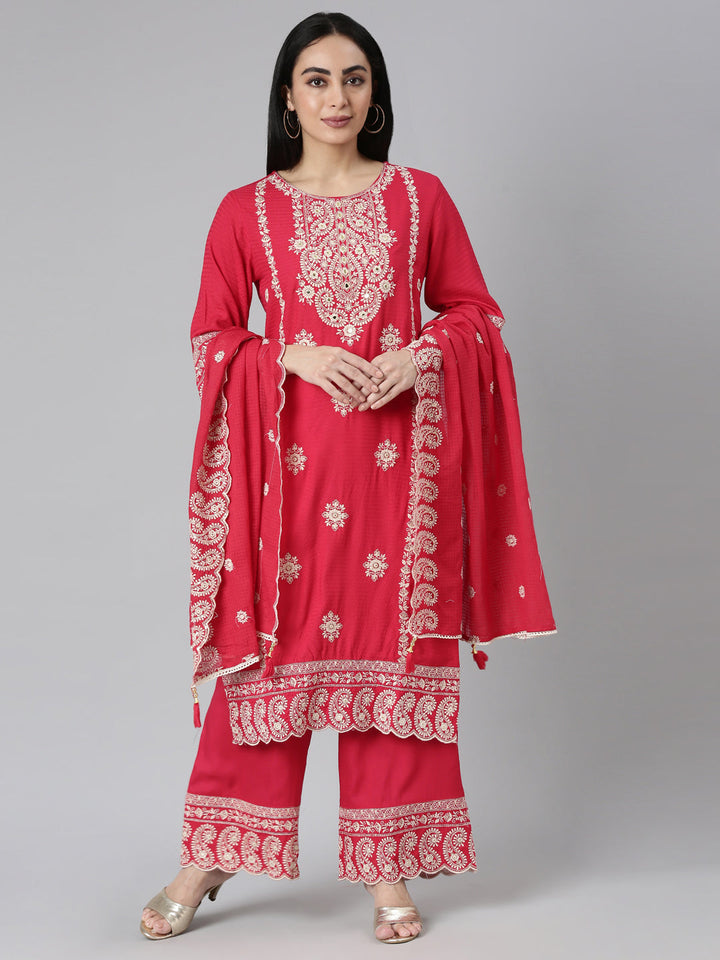 Neerus Red tiered straight yoke kurta suit set - front view