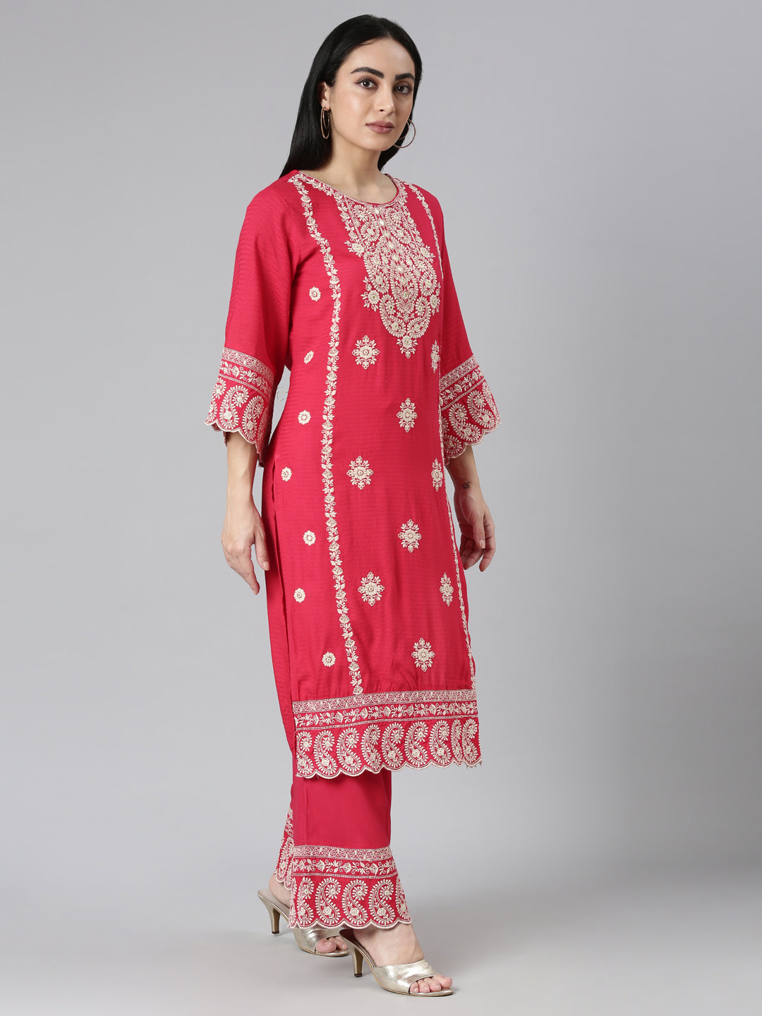 Neerus Red tiered straight yoke kurta suit set - back view