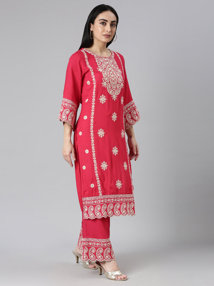 Neerus Red tiered straight yoke kurta suit set - back view